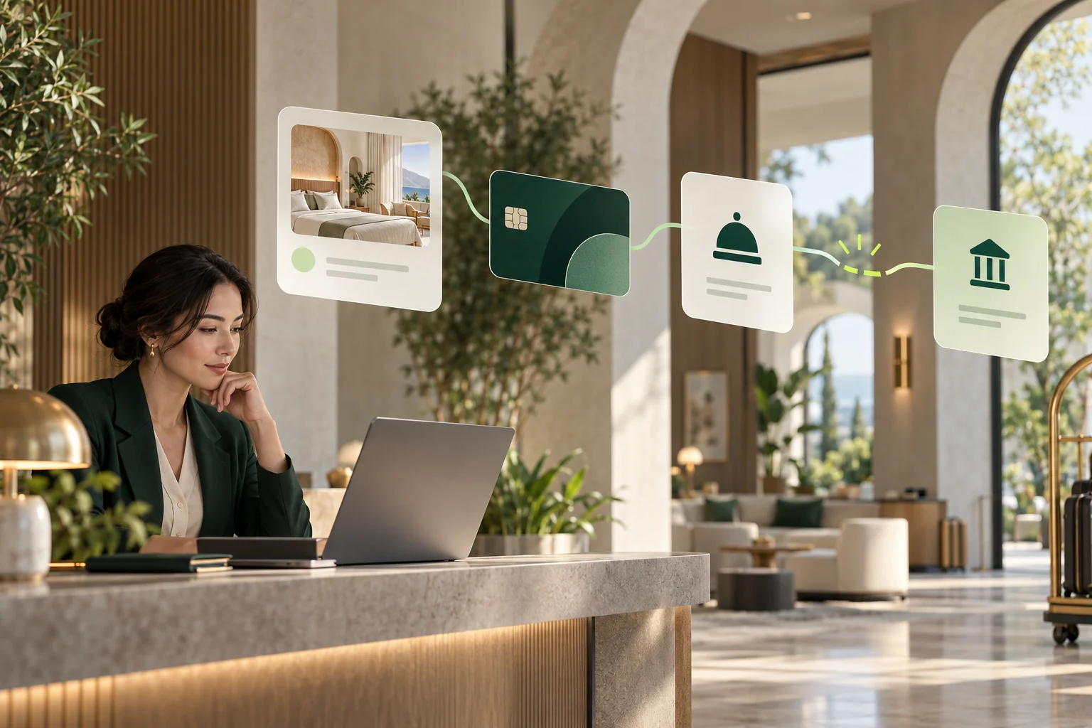 Hotel booking, OTA payment card and settlement records with a difference highlighted for review.