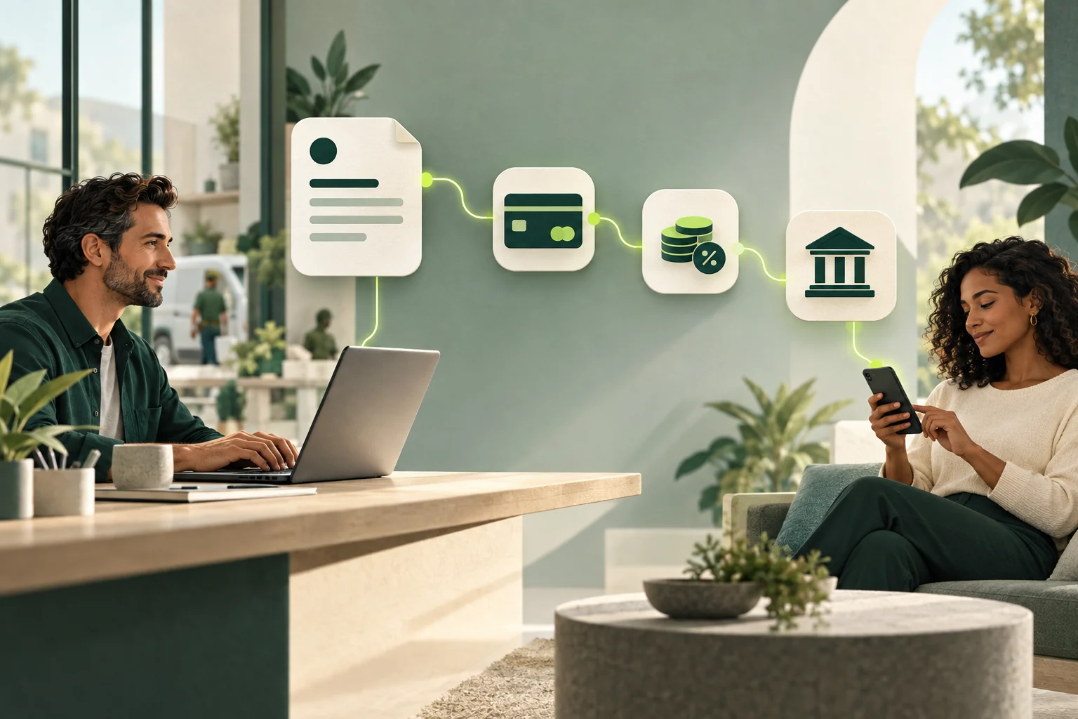 Illustrative payment journey linking a service business invoice, card payment, fee and bank settlement.